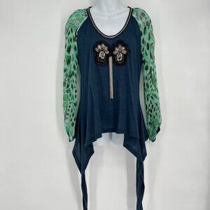 Custo Barcelona Unique Rare Peacock Sleeve Embellished Top‎ Size Small/Med